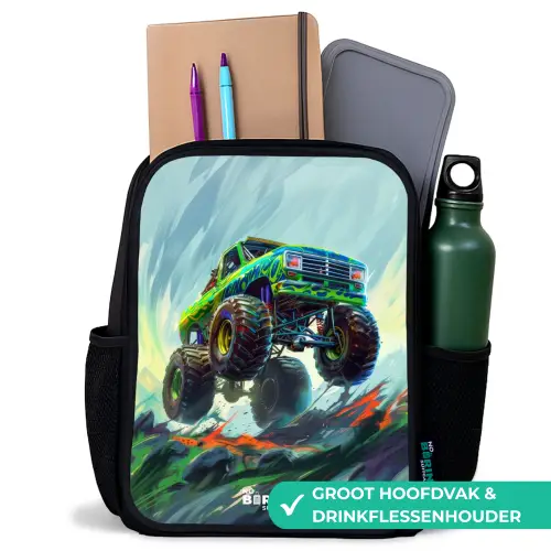 Groene Monstertruck met Penseelstreken Rugzak - Zwart middel -inhoud_NL