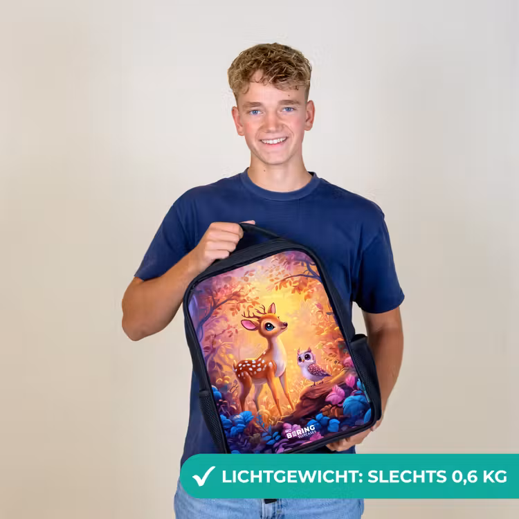 Hertje en uil in een roze sprookjesbos Rugzak - Zwart middel -sfeer7_NL