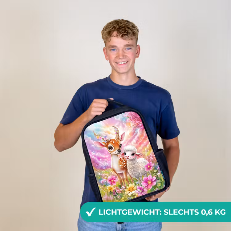 Hertje met een lammetje in pastelbloemenveld Rugzak - Zwart middel -sfeer7_NL