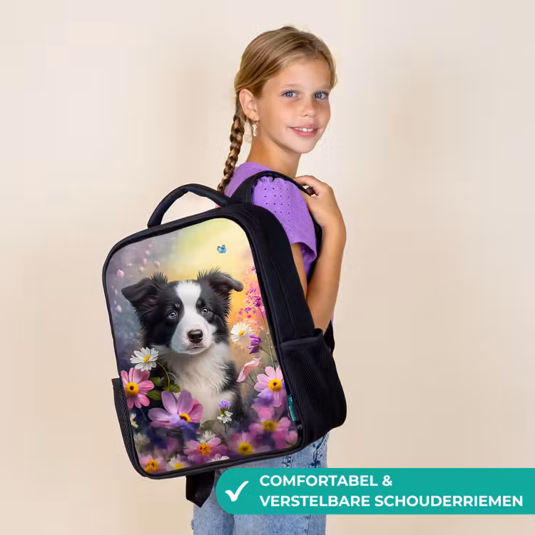 Hond - Bloemen - Natuur - Puppy - Bordercollie Rugzak - Zwart middel -sfeer6_NL