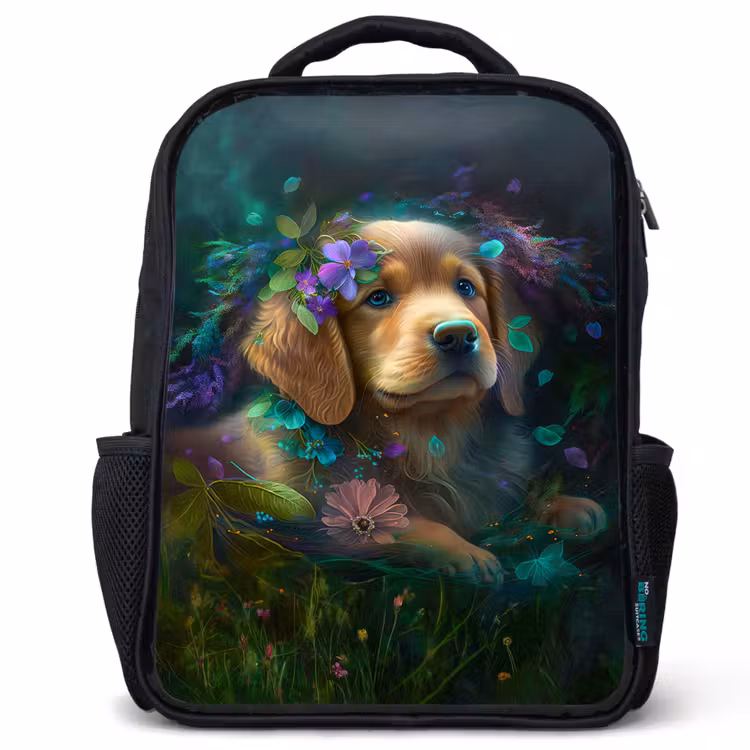 Hond - Puppy - Bloemen - Natuur - Golden retriever Rugzak - Zwart middel -3d