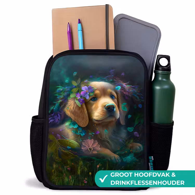Hond - Puppy - Bloemen - Natuur - Golden retriever Rugzak - Zwart middel -inhoud_NL