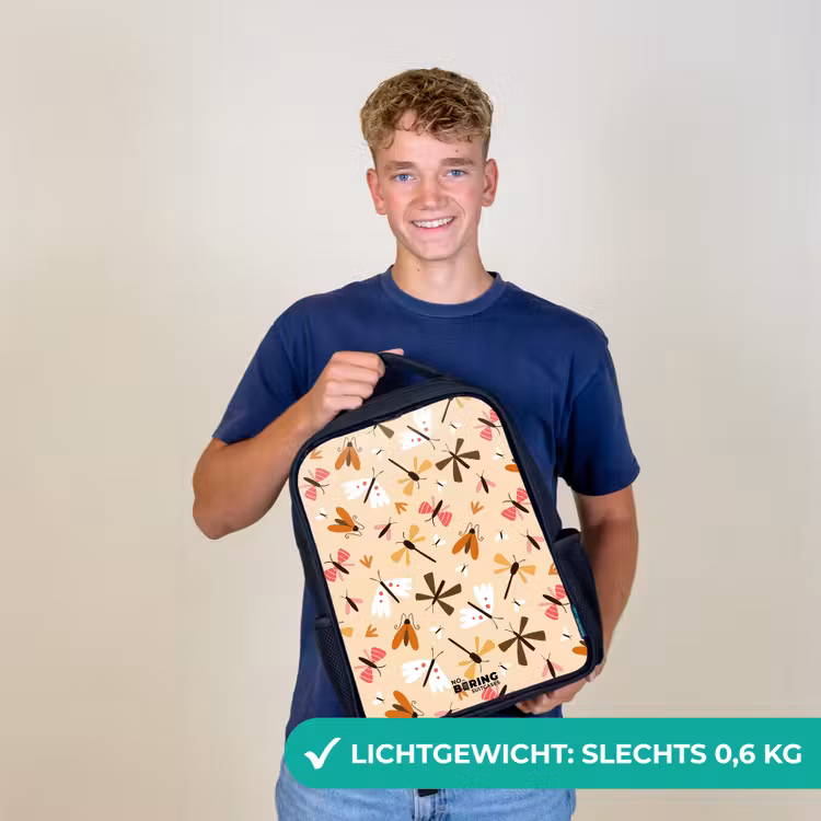 Insectenpatroon in bruin, roze en oranje op beige achtergrond Rugzak - Zwart middel -sfeer7_NL