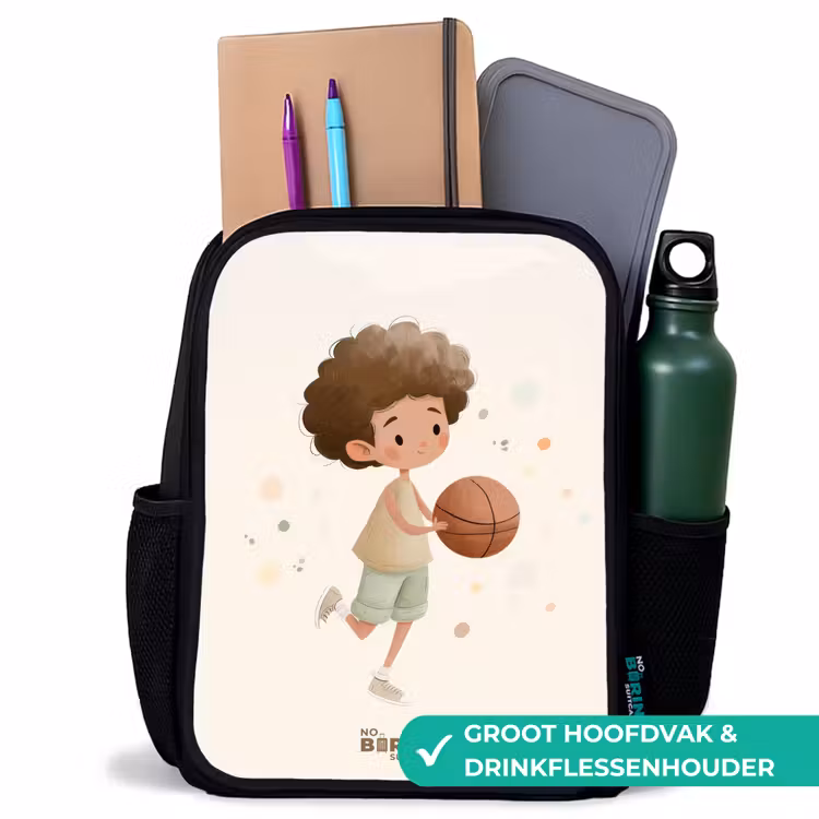 Jongen met een basketbal in beige kleuren Rugzak - Zwart middel -inhoud_NL