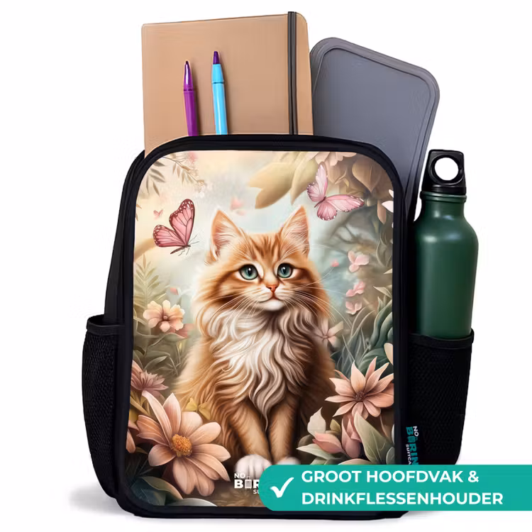 Kat in bloemenveld met roze vlinders. Rugzak - Zwart middel -inhoud_NL