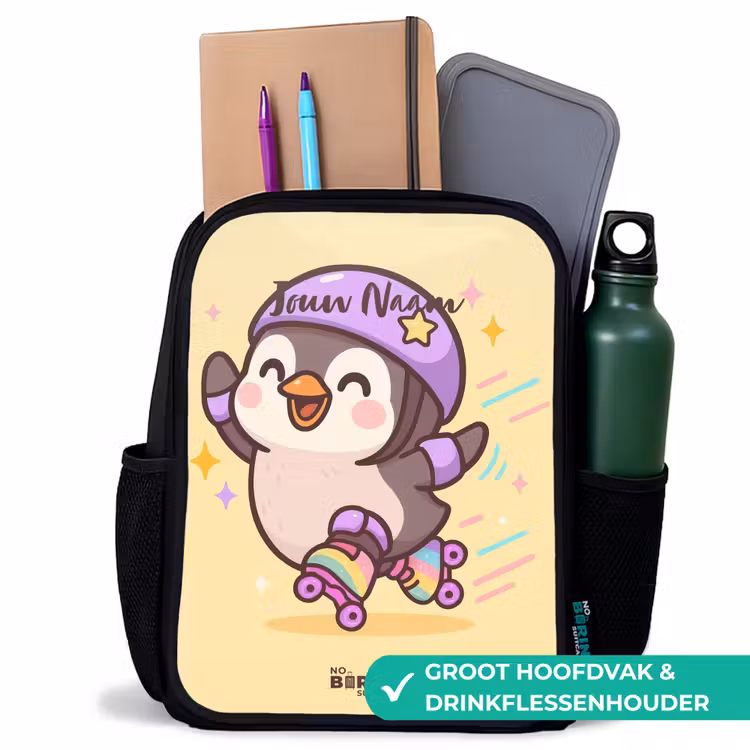 Kawai - Pinguin - Rolschaatsen Rugzak - Zwart middel -inhoud_NL