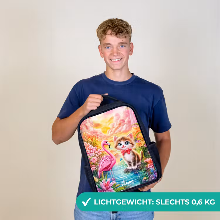 Kitten met flamingo in tropisch bloemenparadijs Rugzak - Zwart middel -sfeer7_NL