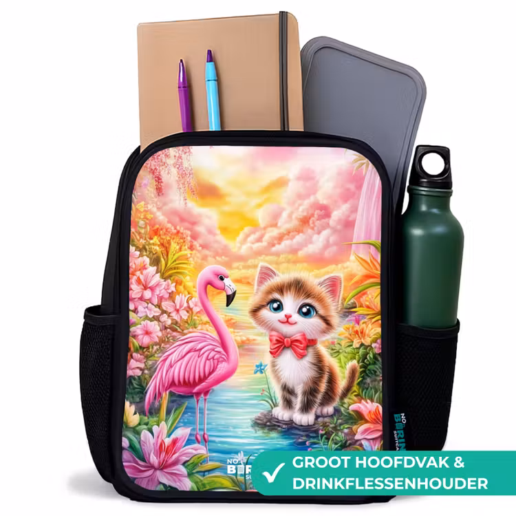 Kitten met flamingo in tropisch bloemenparadijs Rugzak - Zwart middel -inhoud_NL