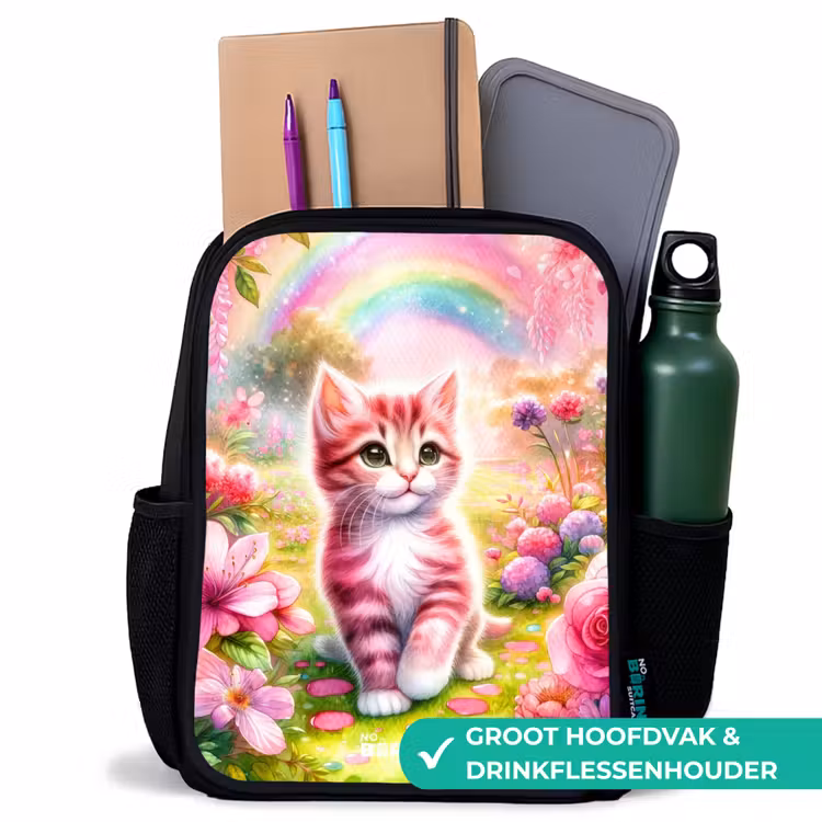 Roze regenboogkatje Rugzak - Zwart middel -inhoud_NL