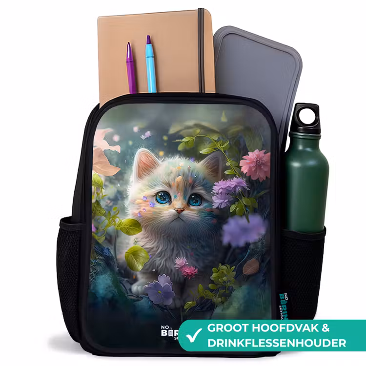 Kitten verstopt achter bloemen Rugzak - Zwart middel -inhoud_NL