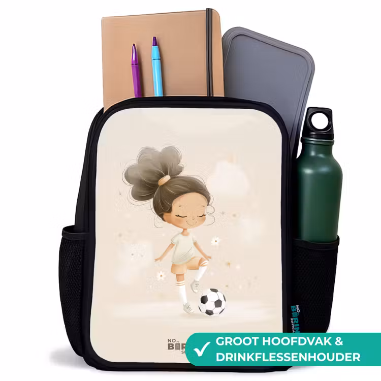 Meisje met een voetbal in beige kleuren Rugzak - Zwart middel -inhoud_NL