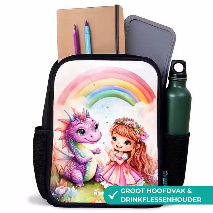 Meisje met paarse draak onder regenboog Rugzak - Zwart middel -inhoud_NL