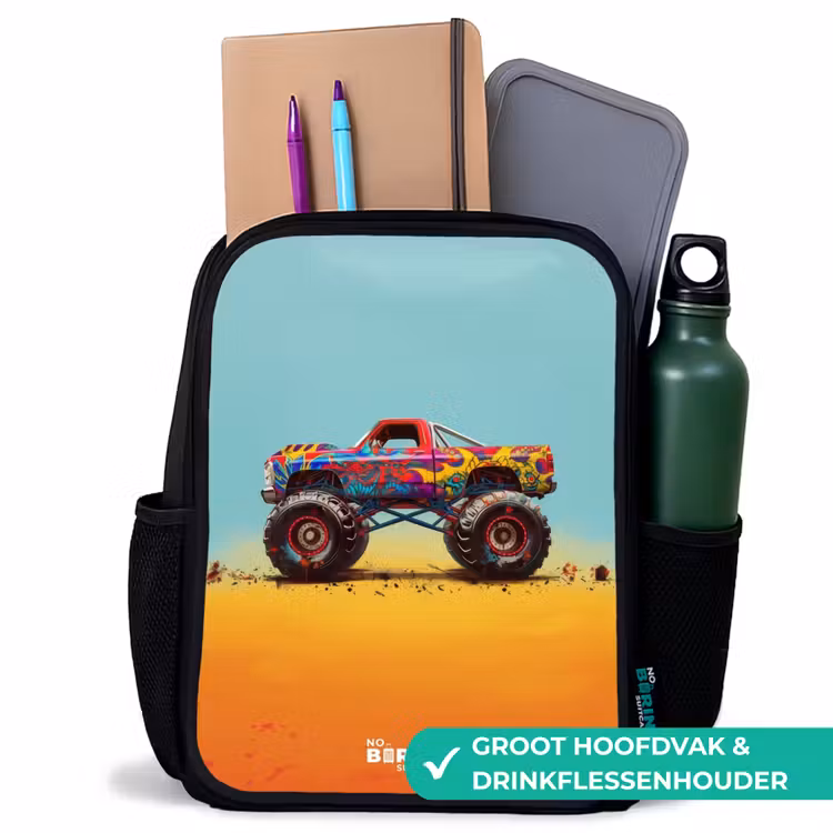 Monstertruck met Graffiti Print in het Zand Rugzak - Zwart middel -inhoud_NL