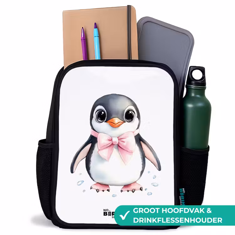 Pinguïn met roze strik en ijsdruppels Rugzak - Zwart middel -inhoud_NL