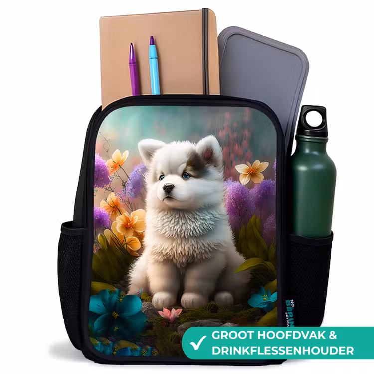 Puppy - Bloemen - Planten - Natuur - Husky Rugzak - Zwart middel -inhoud_NL