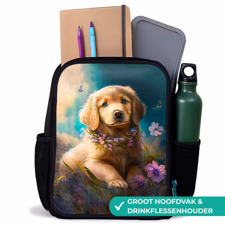Puppy - Bloemenkrans - Vlinder - Hond - Golden retriever Rugzak - Zwart middel -inhoud_NL