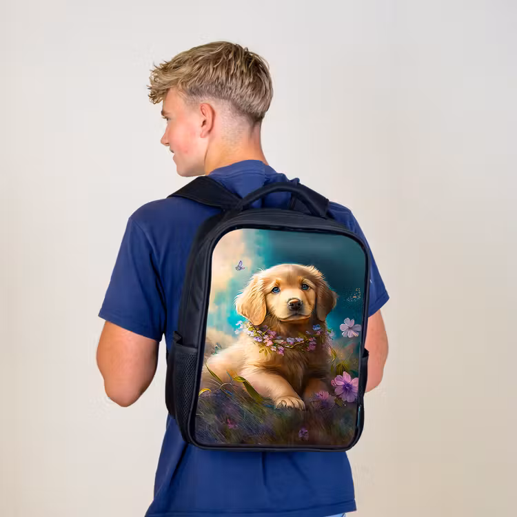 Puppy - Bloemenkrans - Vlinder - Hond - Golden retriever Rugzak - Zwart middel -sfeer8