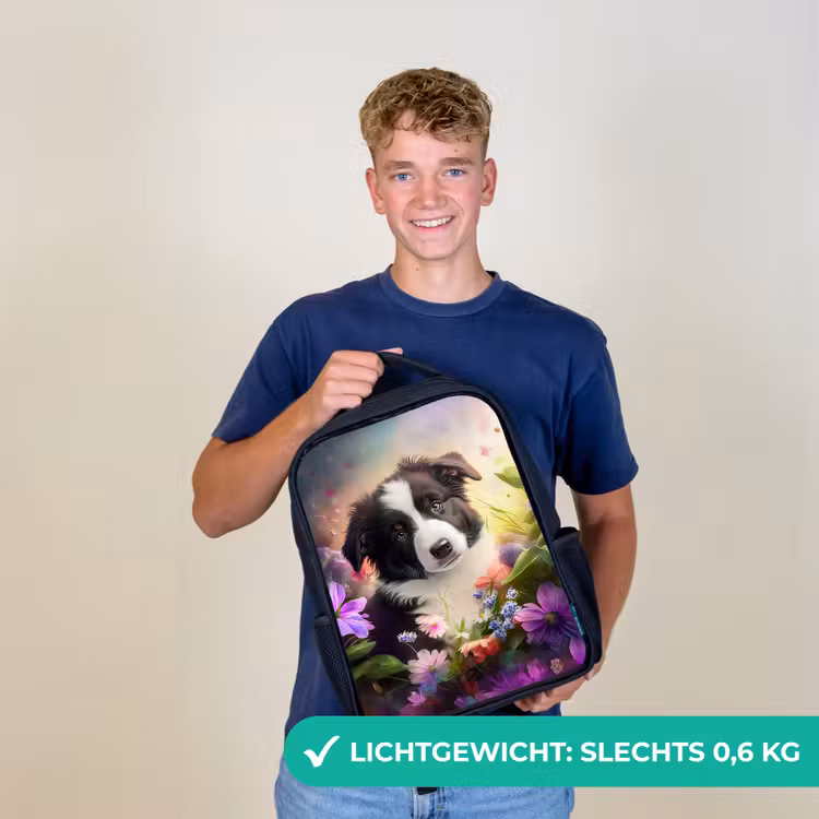 Puppy - Zon - Bloemen - Natuur - Bordercollie - Hond Rugzak - Zwart middel -sfeer7_NL