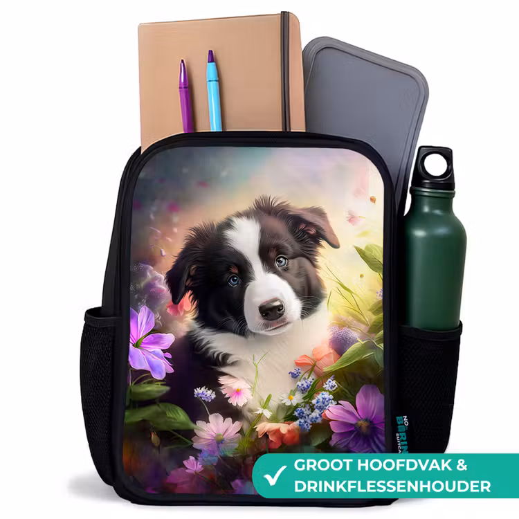 Puppy - Zon - Bloemen - Natuur - Bordercollie - Hond Rugzak - Zwart middel -inhoud_NL