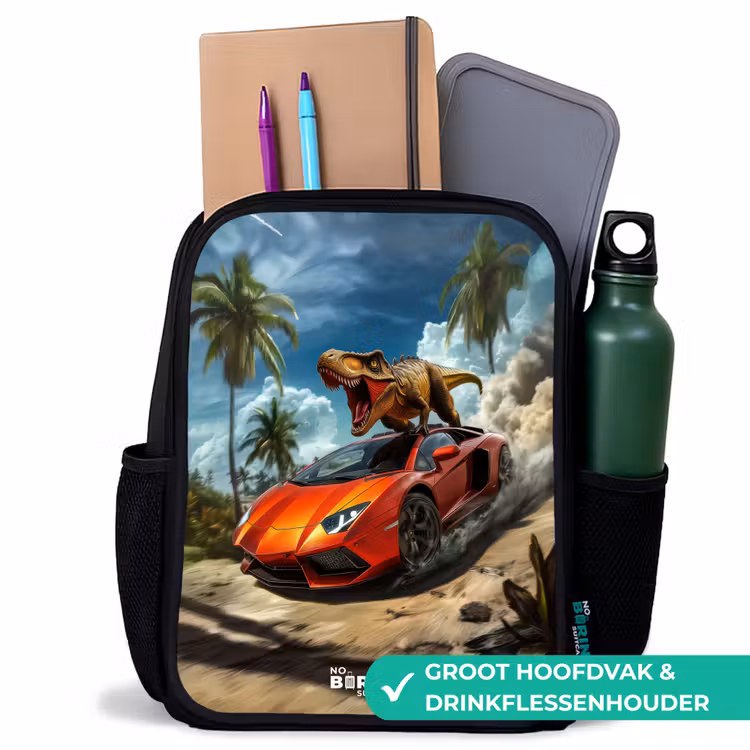 Rode sportauto met dino raast door tropisch strand Rugzak - Zwart middel -inhoud_NL