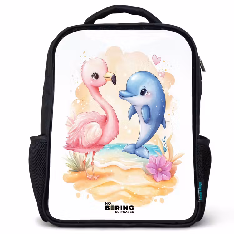 Roze flamingo en blauwe dolfijn op een strand Rugzak - Zwart middel -3d
