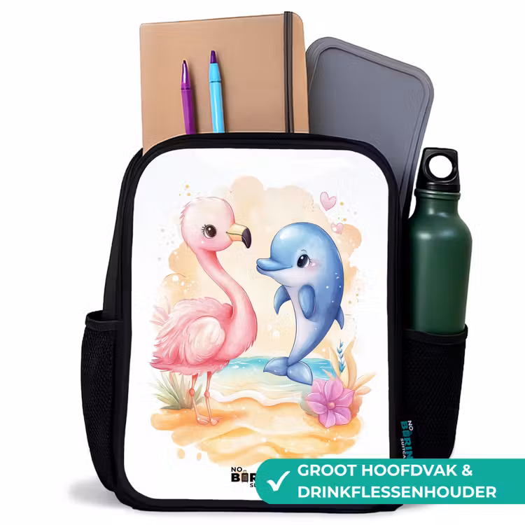 Roze flamingo en blauwe dolfijn op een strand Rugzak - Zwart middel -inhoud_NL