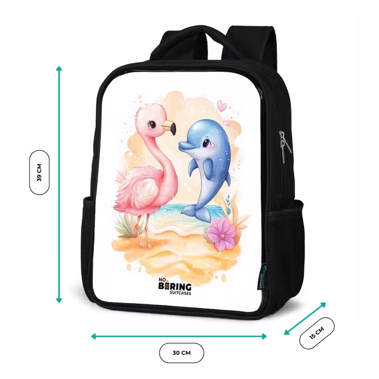 Roze flamingo en blauwe dolfijn op een strand Rugzak - Zwart middel -productfoto_formaten