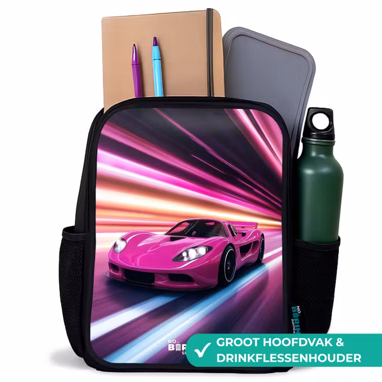 Roze raceauto flitst door neonlicht Rugzak - Zwart middel -inhoud_NL