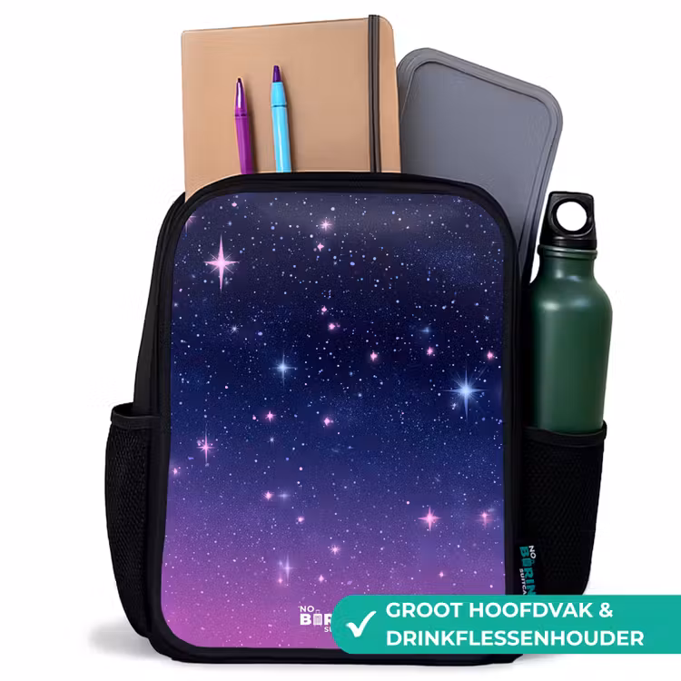Sterren - Galaxy - Blauw - Roze Rugzak - Zwart middel -inhoud_NL