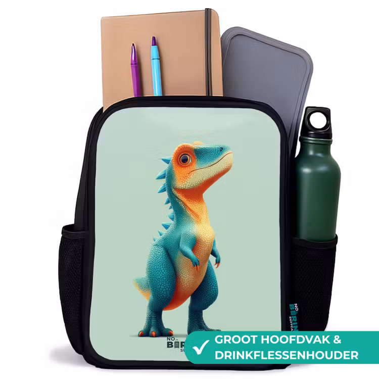 Stoere dino met grote ogen Rugzak - Zwart middel -inhoud_NL