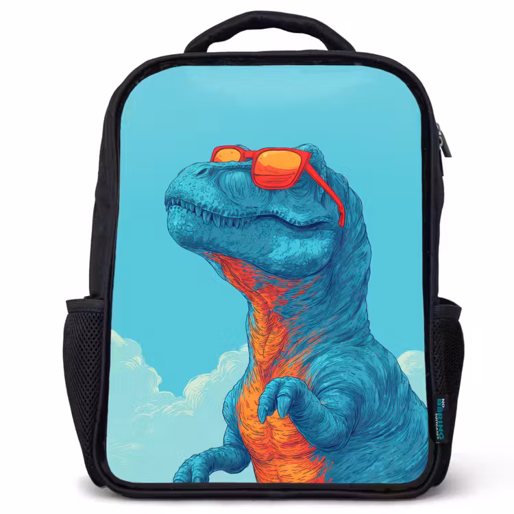 T-Rex - Blauw - Wolken - Zonnebril Rugzak - Zwart middel -3d