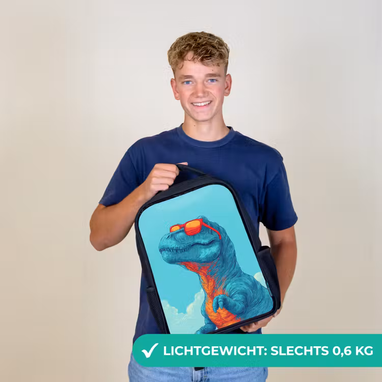 T-Rex - Blauw - Wolken - Zonnebril Rugzak - Zwart middel -sfeer7_NL