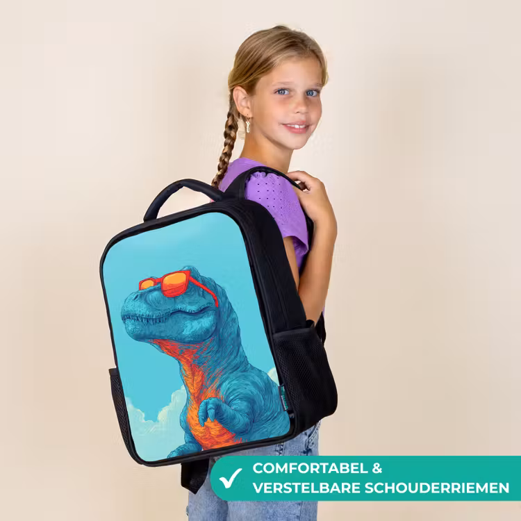 T-Rex - Blauw - Wolken - Zonnebril Rugzak - Zwart middel -sfeer6_NL