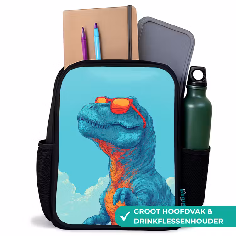 T-Rex - Blauw - Wolken - Zonnebril Rugzak - Zwart middel -inhoud_NL