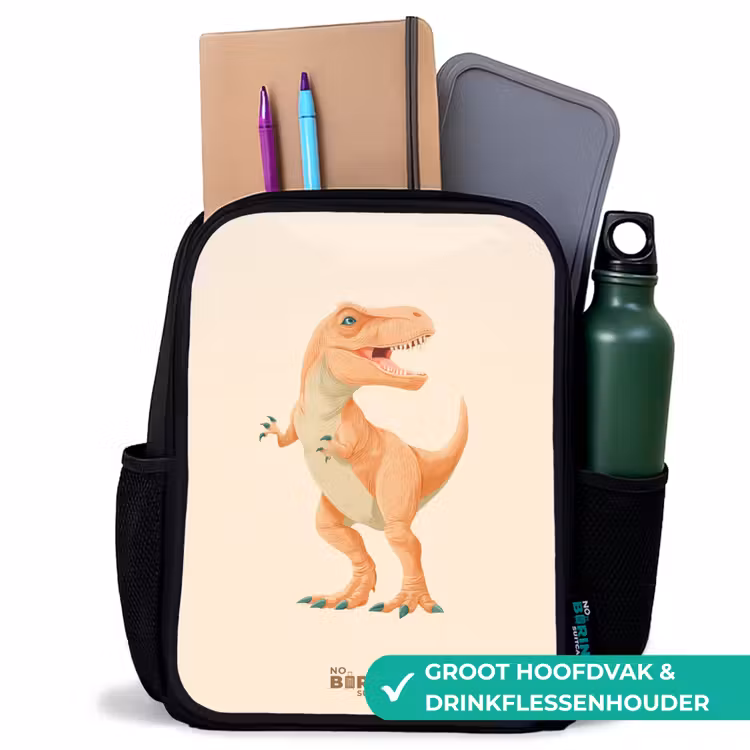 T-rex dino in oranje kleuren Rugzak - Zwart middel -inhoud_NL