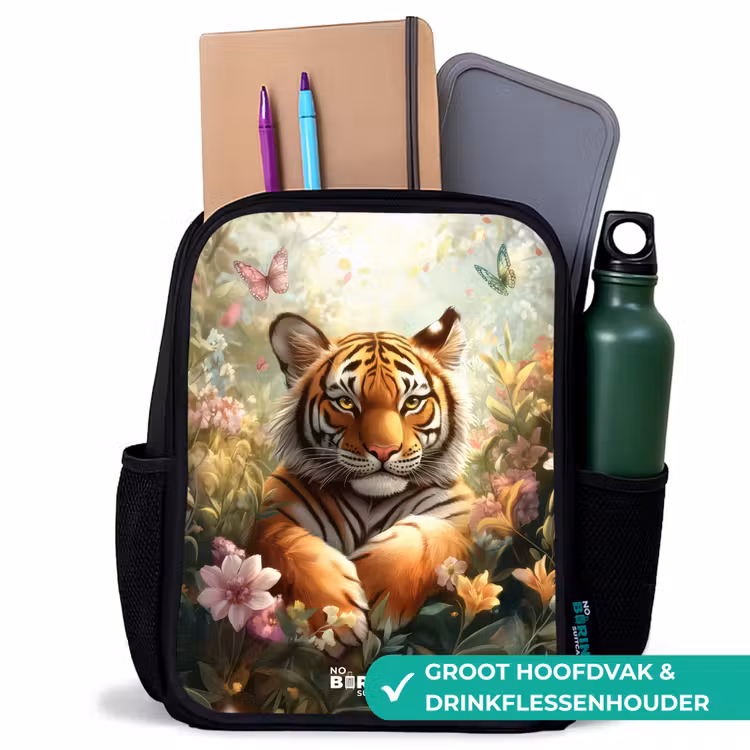 Tijger in bloemenveld met vlinders en zonlicht Rugzak - Zwart middel -inhoud_NL