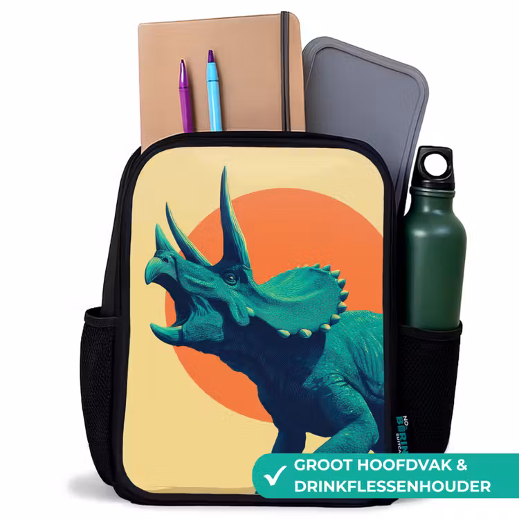Triceratops - Cirkel - Oranje - Hoorns Rugzak - Zwart middel -inhoud_NL
