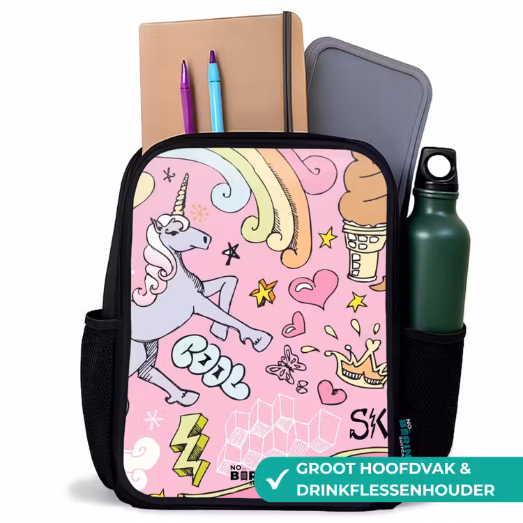 Unicorn doodles Rugzak - Zwart middel -inhoud_NL