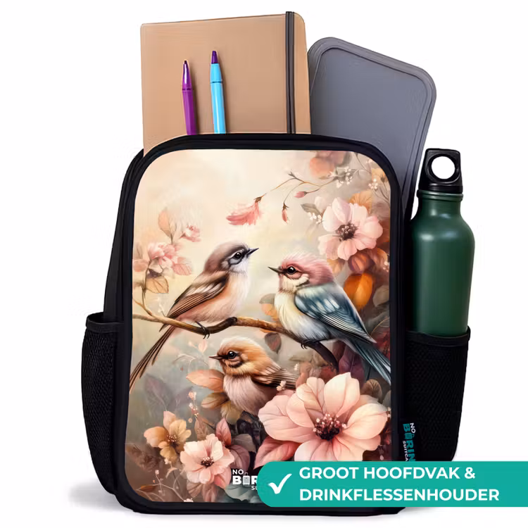 Vogels met roze bloemen Rugzak - Zwart middel -inhoud_NL