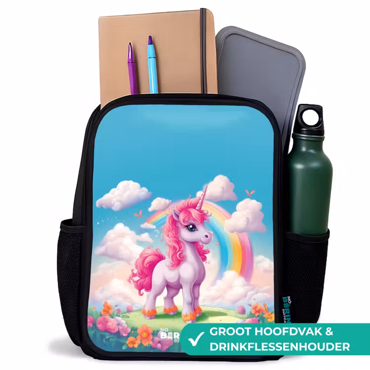 Vrolijke eenhoorn bij een regenboog Rugzak - Zwart middel -inhoud_NL