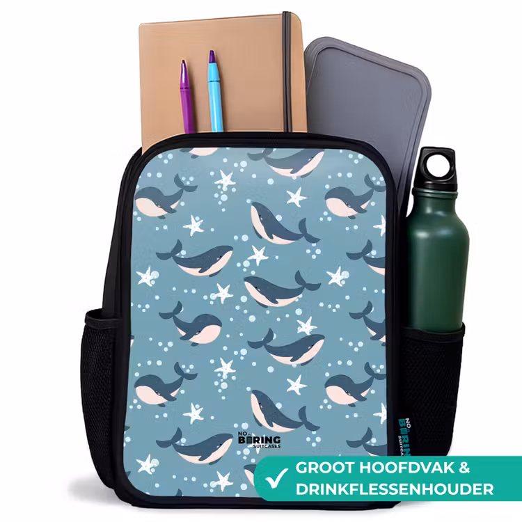 Walvissen met zeesterren patroon blauw Rugzak - Zwart middel -inhoud_NL