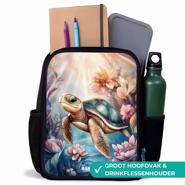 Zeeschildpad tussen bloemen onder water Rugzak - Zwart middel -inhoud_NL