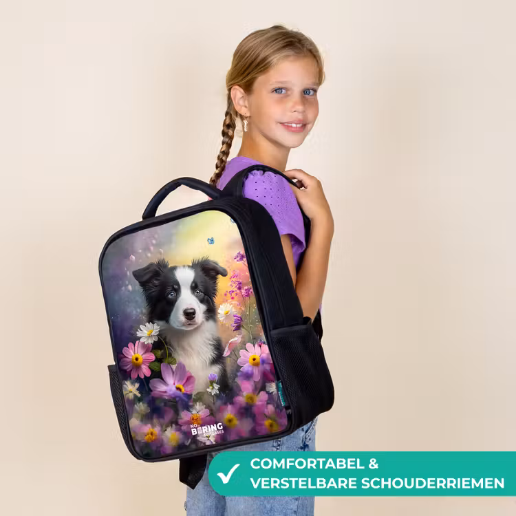 zwart witte puppy tussen kleurrijke bloemen Rugzak - Zwart middel -sfeer6_NL