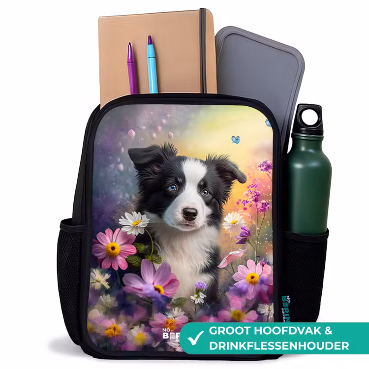 zwart witte puppy tussen kleurrijke bloemen Rugzak - Zwart middel -inhoud_NL