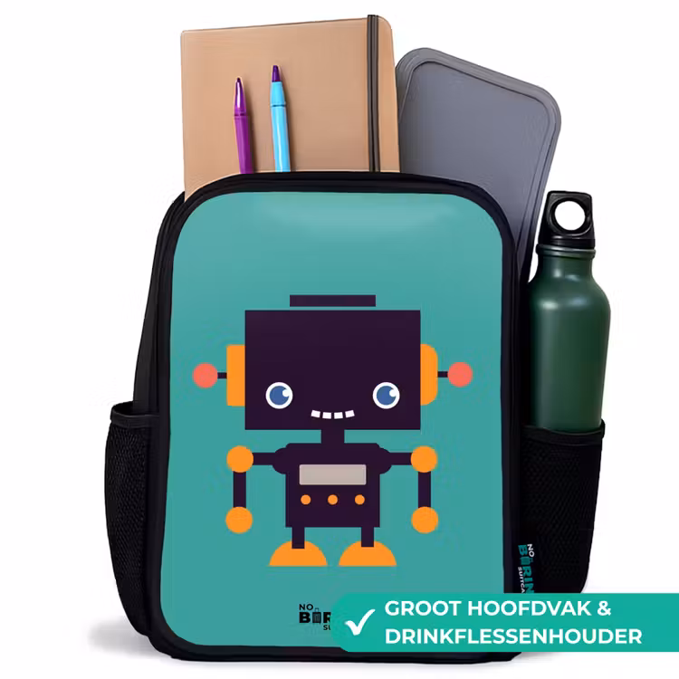 Zwarte robot met oranje accenten op een blauwe achtergrond Rugzak - Zwart middel -inhoud_NL