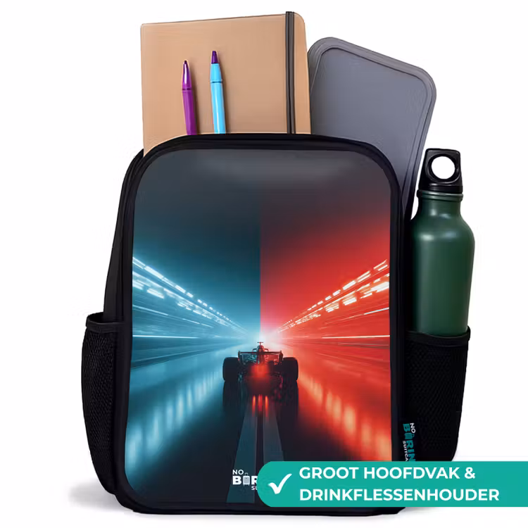 Baan - Raceauto - Neon - Rood Rugzak - Zwart middel -inhoud_NL