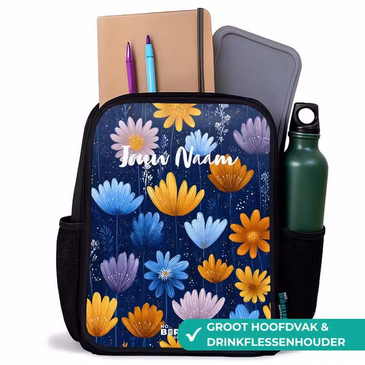Bloemen op een donkerblauwe achtergrond Rugzak - Zwart middel -inhoud_NL