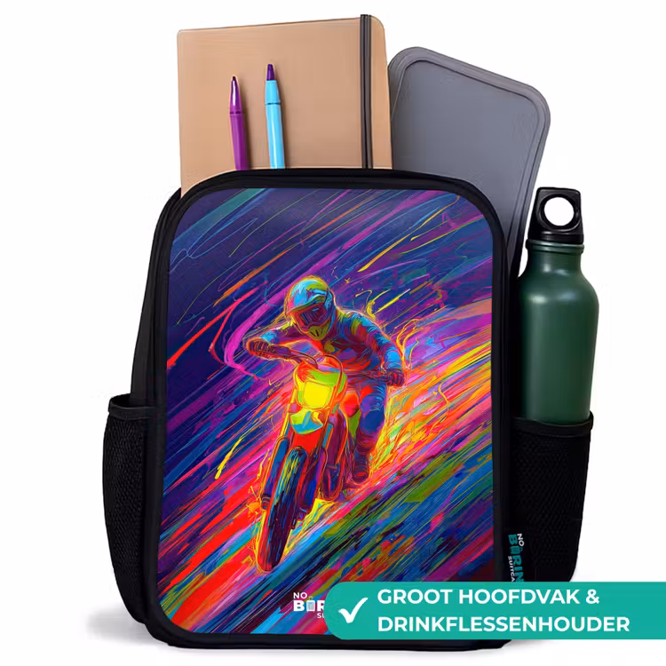 Crossmotor - Neonkleuren - Lijnen - Helm Rugzak - Zwart middel -inhoud_NL