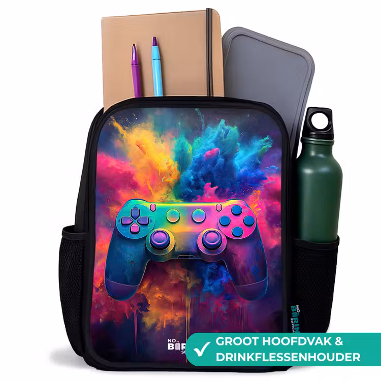 Game - Controller - Kleurrijk - Explosie Rugzak - Zwart middel -inhoud_NL