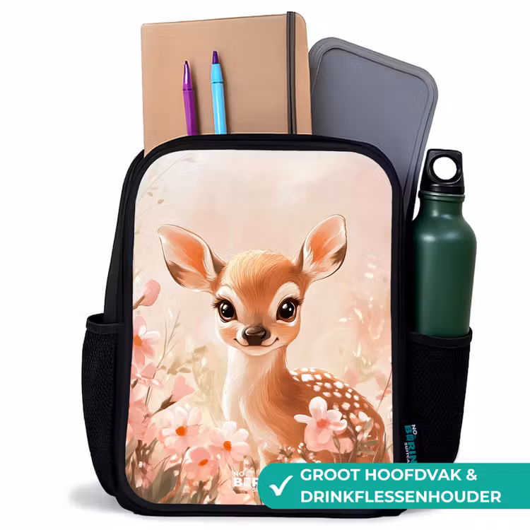Hertje - Ogen - Stippen - Bloemen Rugzak - Zwart middel -inhoud_NL